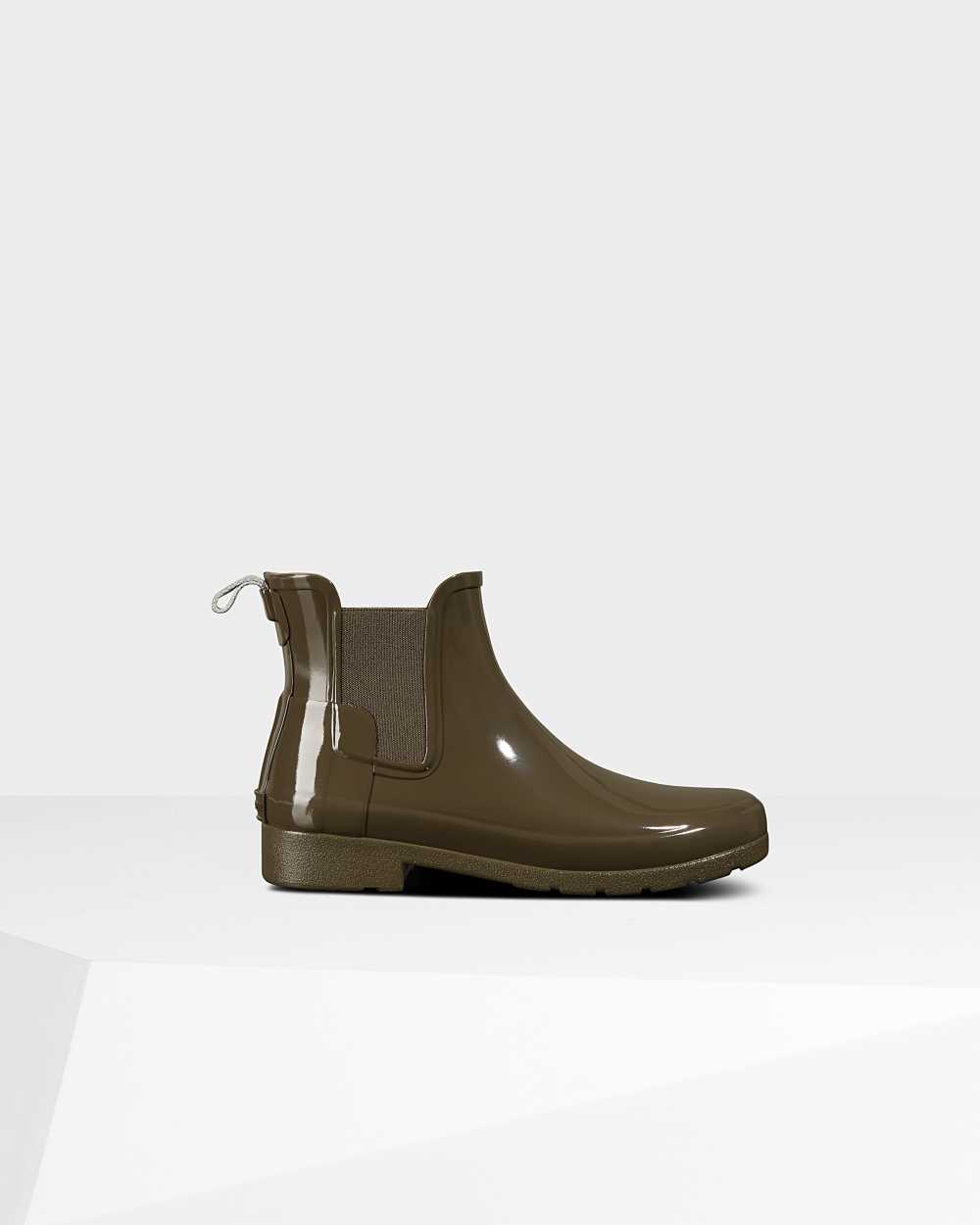 Womens Hunter Refined Gloss Slim Fit Chelsea Boots Camo Green | HNGIEO-315